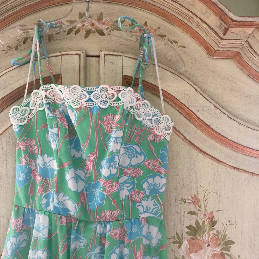 Vintage Lilly Pulitzer Green Floral Midi Dress with White Lace Trim - Picture 4 of 6